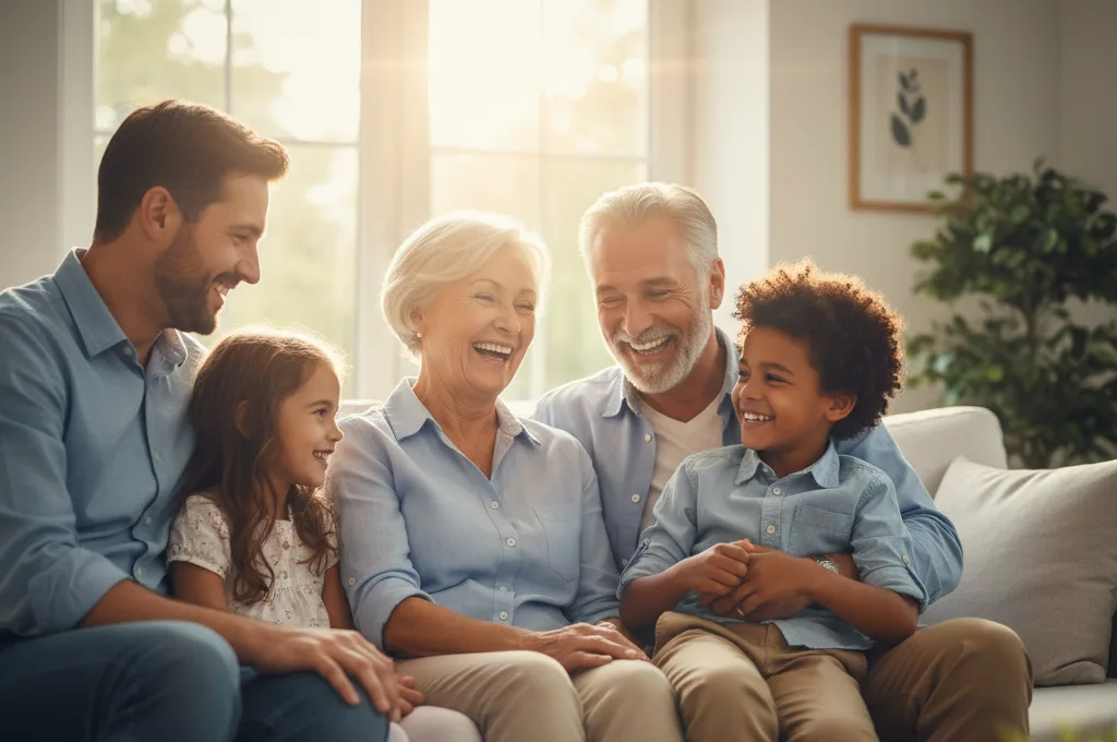 Família com avós, pais e crianças sorrindo juntos no sofá de casa